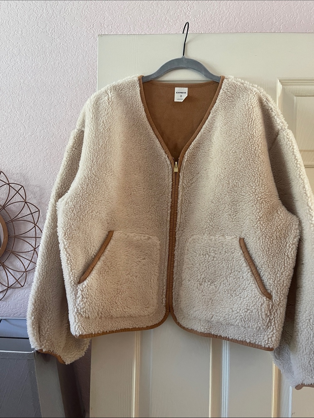 Express Reversible Cream Sherpa Puffer Jacket with Tan Trim